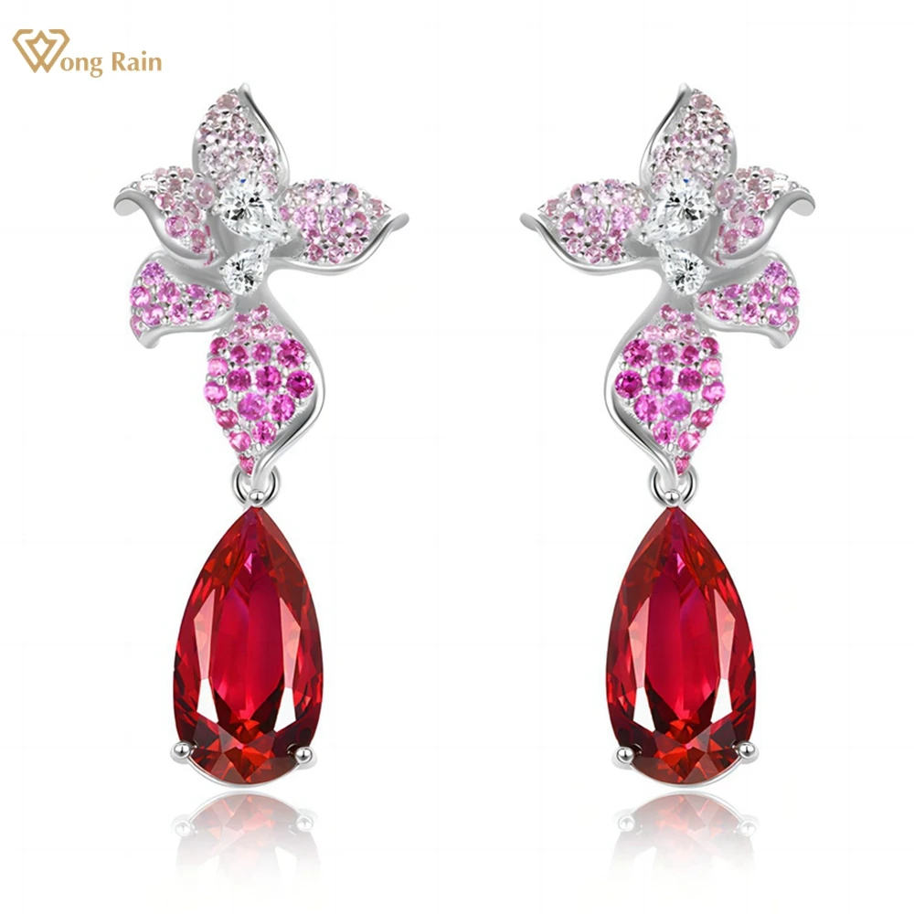 Wong Rain Vintage 100% 925 Sterling Silver Pear Cut 8*15 MM Ruby High Carbon Diamonds Gemstone Drop Dangle Earrings Fine Jewelry