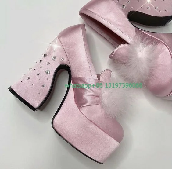 

Lady fur pink stain lolita Mary janes platform design Y2K Gothic style high heels feather pink elegant shoes size 35-46 footwear