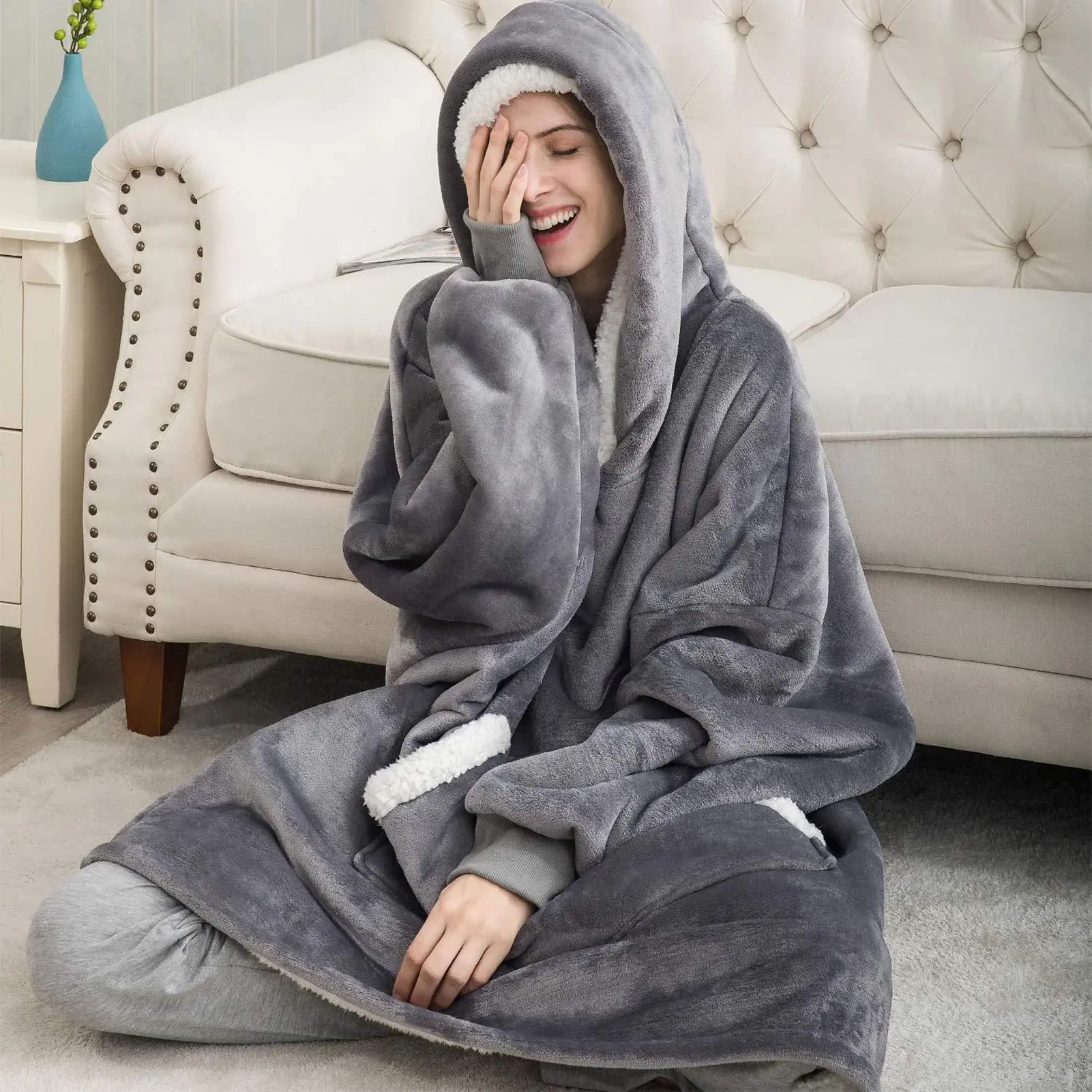 100% Polyester Sherpa Lined Hoodie Blanket, Soft Flannel Wearable Blanket with Elastic Sleeve & Pocket Warm Hooded Throw Blanket