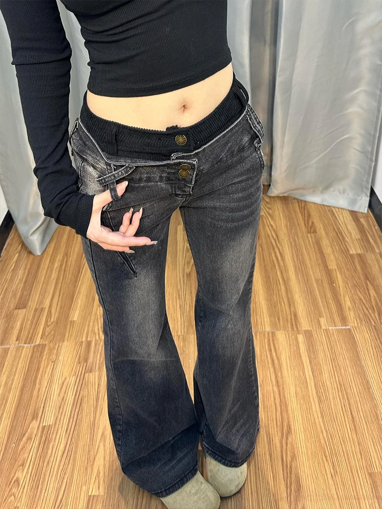 Retro Washed American Hot Girl Design Patchwork Micro Flared Jeans Women's Autumn 2026 Vintage Faded Slimming Floor-Length Pants