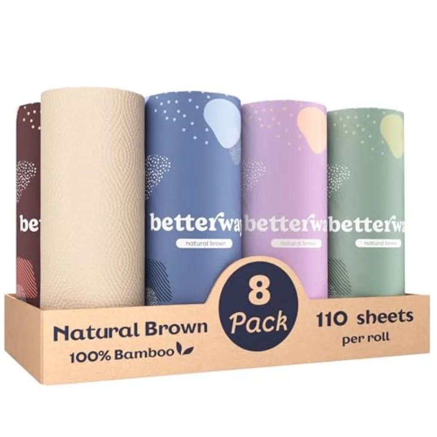 

Bamboo Natural Brown Paper Towels - 8 Rolls 2 Ply 110 sheets - Plastic Free PFAS Free Disposable Kitchen Paper Towels - Select
