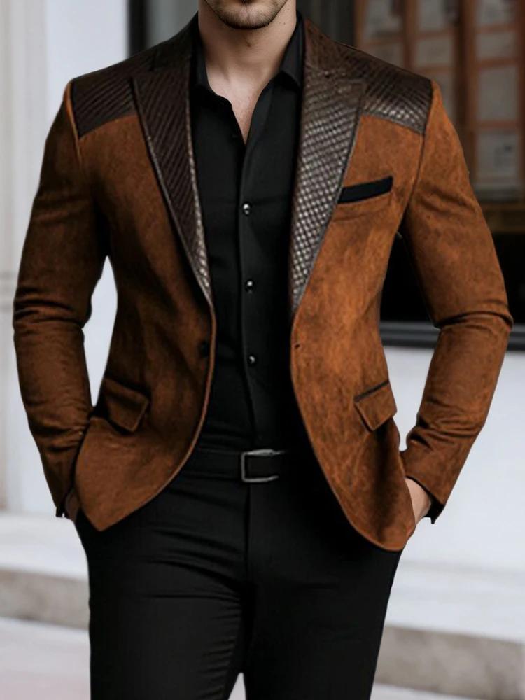 

Men's Brown Blazer Jacket Fake Suede Leather Patchwork Black Accents Lapel Long Sleeve Formal Business Casual Man Suit Jackets