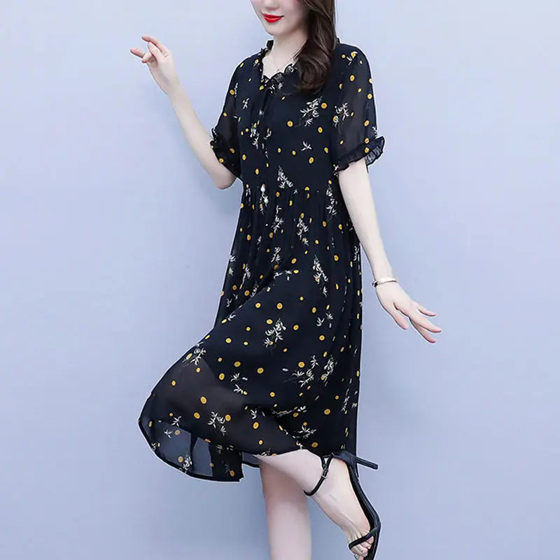 Elegant Ruffle Neck Lace Up Bow Printed Folds Floral Dress Women's Clothing 2024 Summer New Loose Butterfly Sleeve Midi Dress