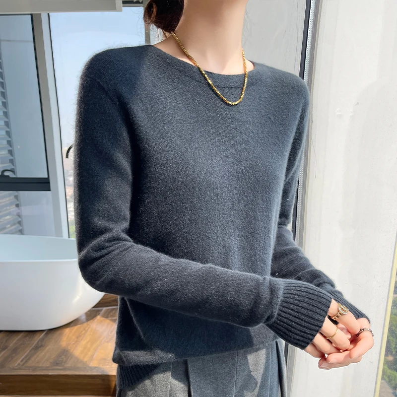 Solid color new O-collar Autumn/Winter 100% cashmere loose fashion cashmere sweater women's pullover warm bottom knit shirt top