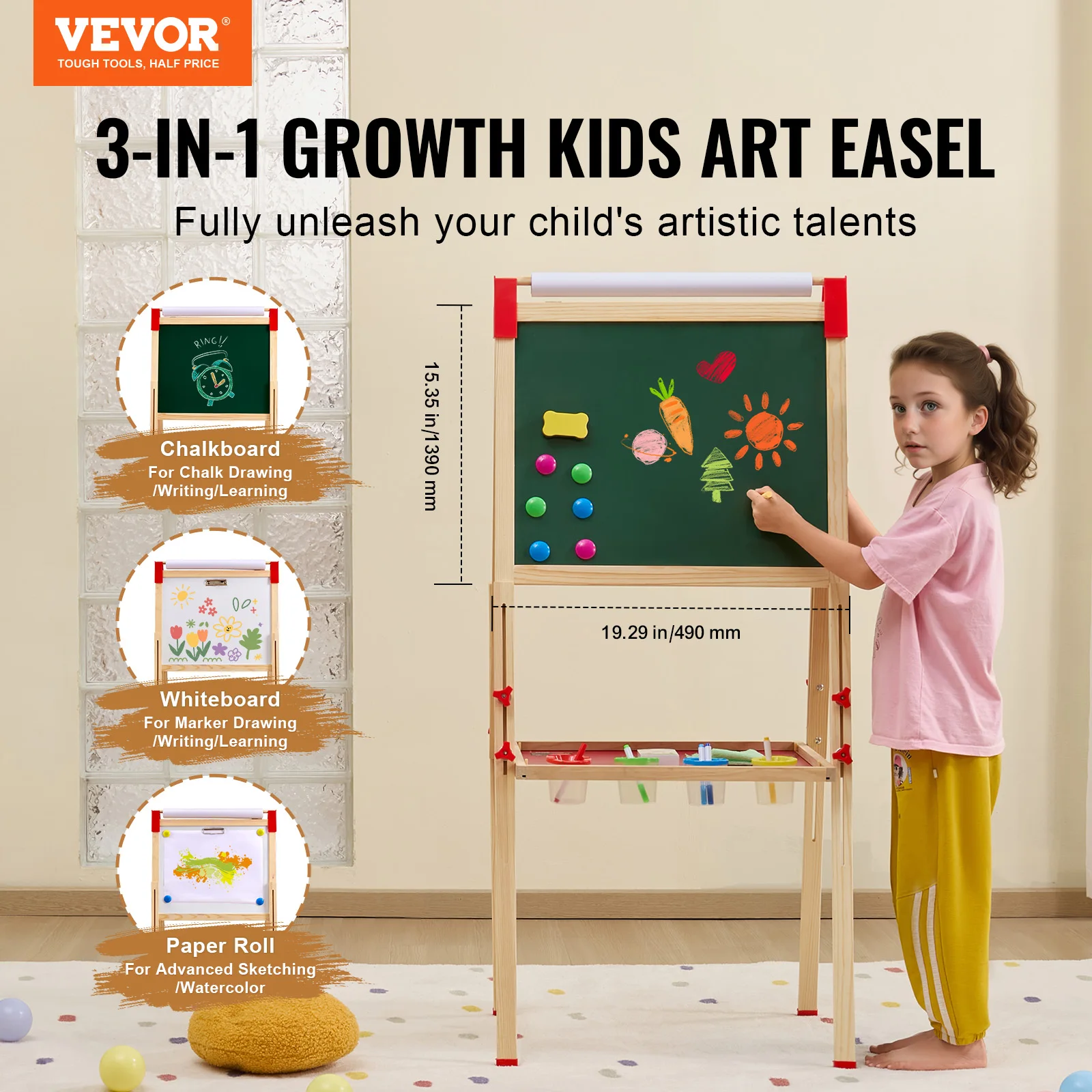 VEVOR Children Magnetic Drawing Board Wooden Double-Sided Kid's Art Easel with Whiteboard Chalkboard for Boys Girls Gifts Toys