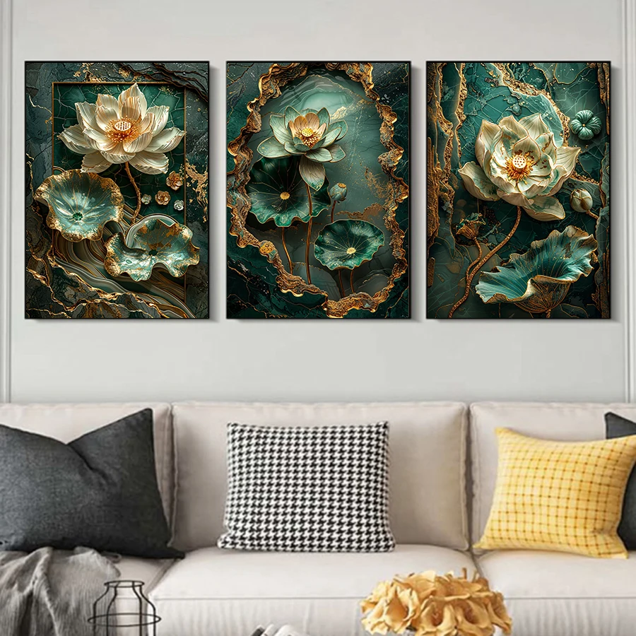 

Abstract Luxury Green Lotus Wall arts Gold Leaf Decorative Painting Green Lotus Leaf Posters Prints for Living Room No Frame