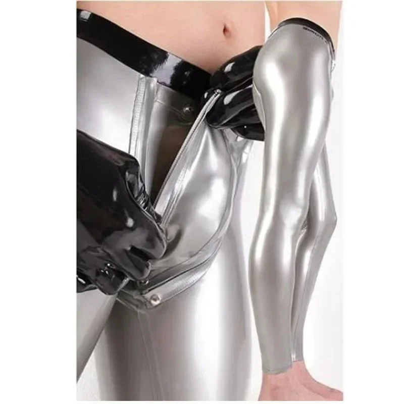 Latex rubber suit handmade cosplay Silver Men Pants Codpieces with Socks Front Zipper Trousers Jeans Customize