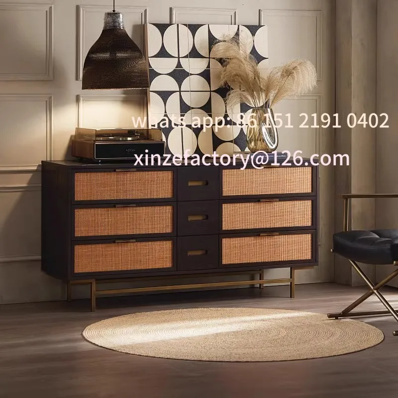 

Customizable modern simple medieval retro old solid wood oak rattan six chest cabinet