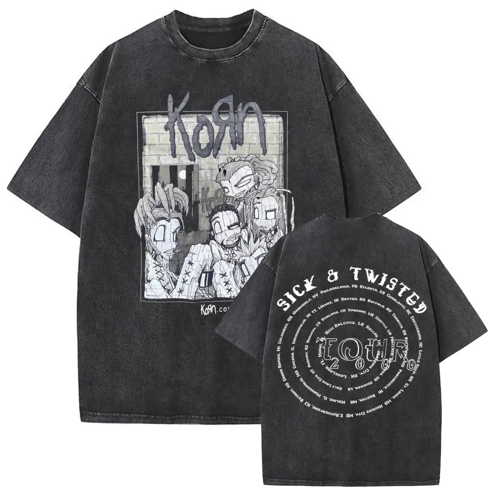 Washed Vintage Rock Band Korn Sick & Twisted Tour 2000 Tshirts Male Alternative Nu Metal Music T-shirt Men Oversized T Shirts