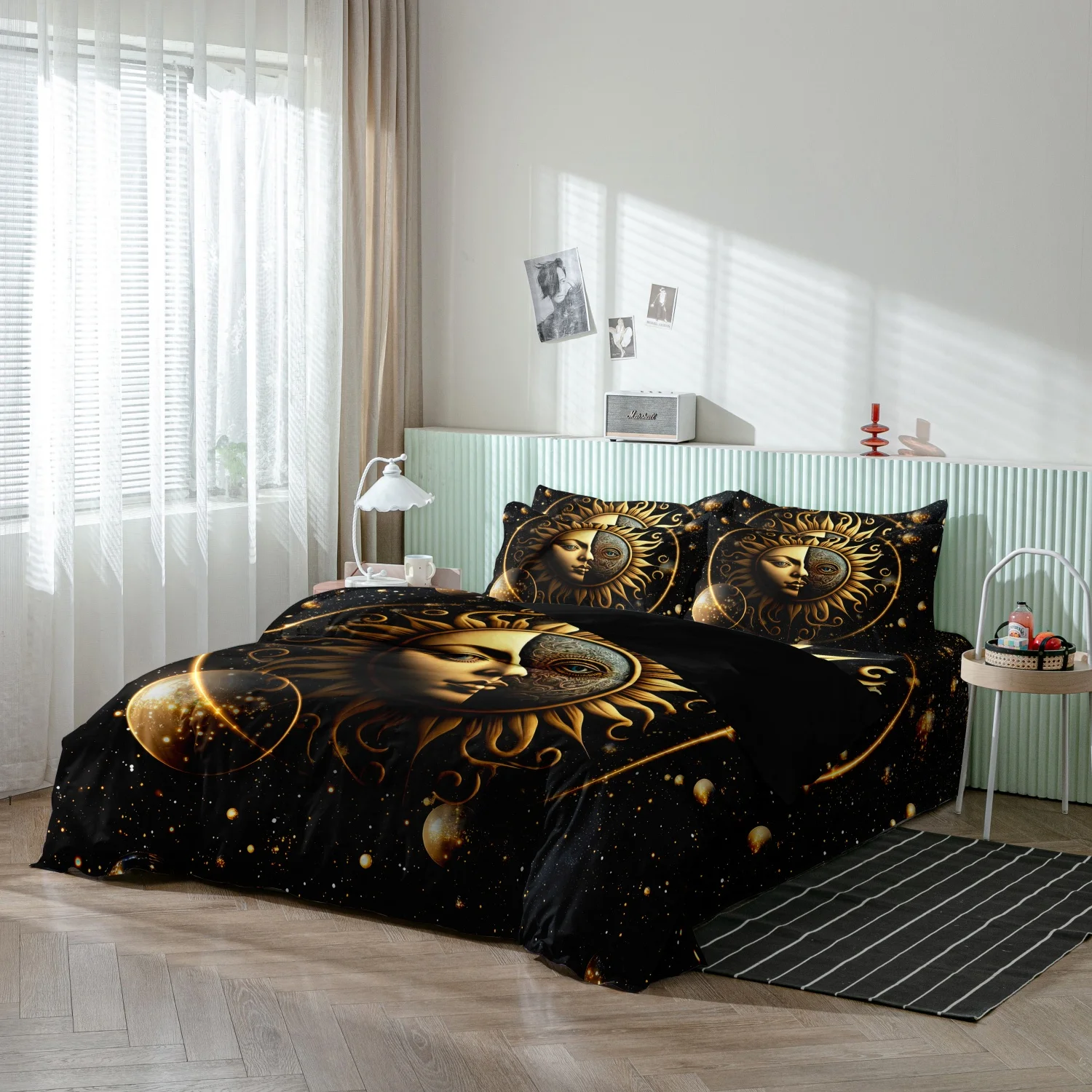  3Pcs Celestial Sun Moon Face Bedding Print Duvet Cover Set, Black Starry Space Golden Planet Print Bedding, For Bedroom Decor