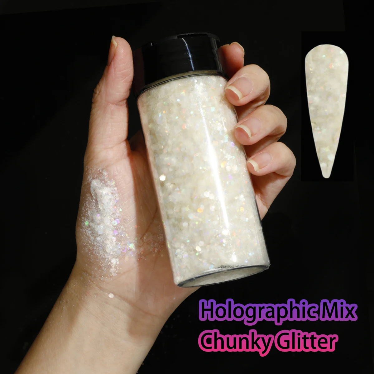 1 Flasche holografischer klobiger Glitzer, 80 g, Bastel-Glitzerpulver, gemischte, klobige, feine, schillernde Nagel-Pailletten für Nägel, Festival-Dekoration – Detail 9