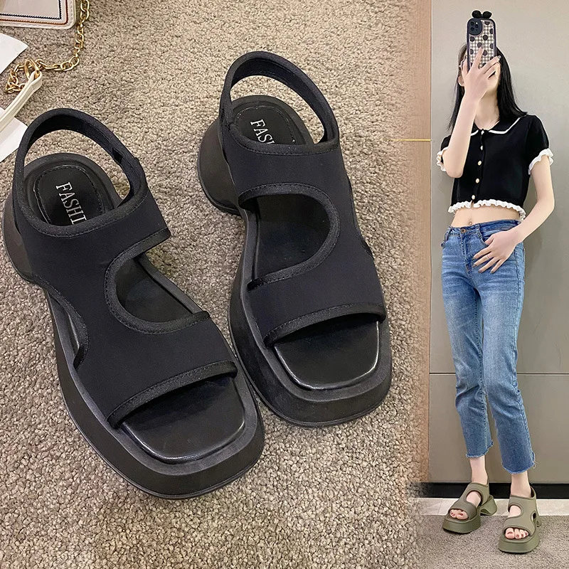 Niedrige Sandalen Damen Leder Low-Heeled Rome Gummi Hoof Heels Slides PU Stoff Baumwolle Niedrige Sandalen Damen Leder Low-Heeled Rome Co