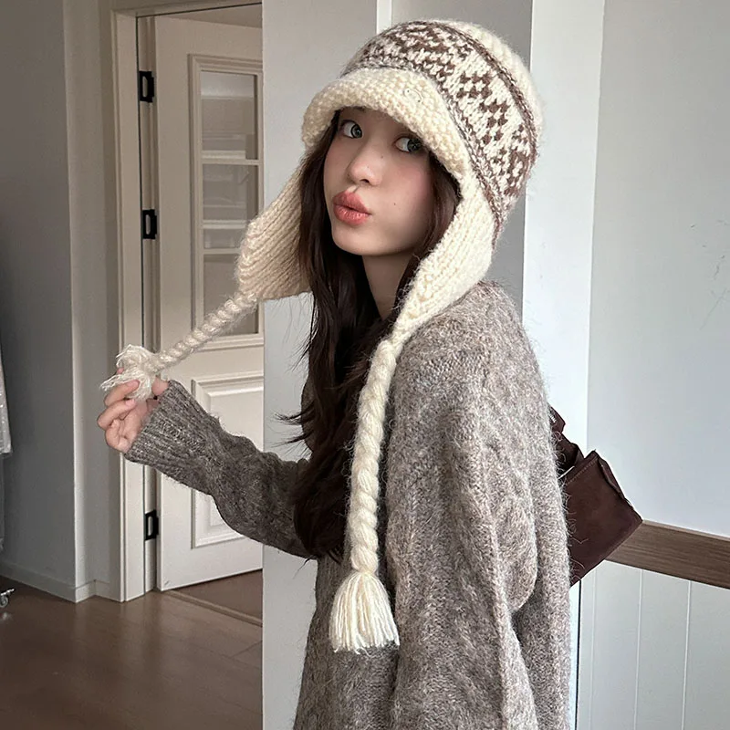 

Winter Vintage Trapper Aviator Hat for Women Earflap Warm Wool Blended Knitted Hat Ear Protection Outdoor Skiing Protectors Hats
