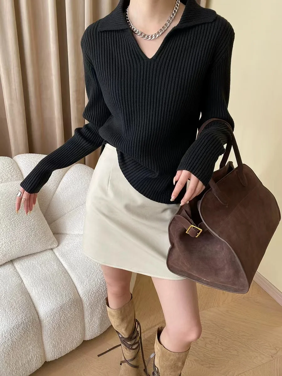 

Slimming French POLO Thread Slim Fit Bottom Knit V-Neck Long Sleeved T-Shirt Versatile Solid Color Top