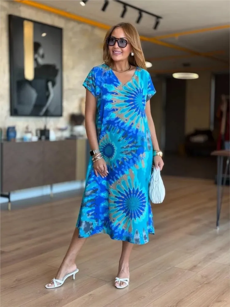فستان نسائي صيفي بنمط عرقي أنيق بأكمام قصيرة مطبوع أنيق فستان فضفاض غير رسمي فساتين حفلات المكتب والعطلات