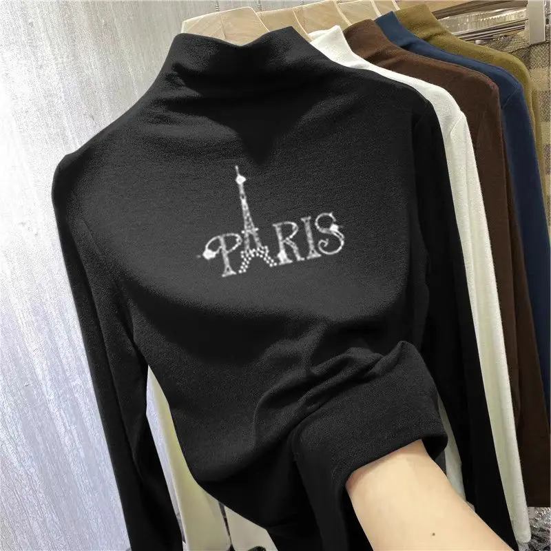 Autumn Winter New Double Sided German Half High Collar Long Sleeve Women\'s Bottom Shirt Fashion Age Reducing Diamond Set T-shirt
