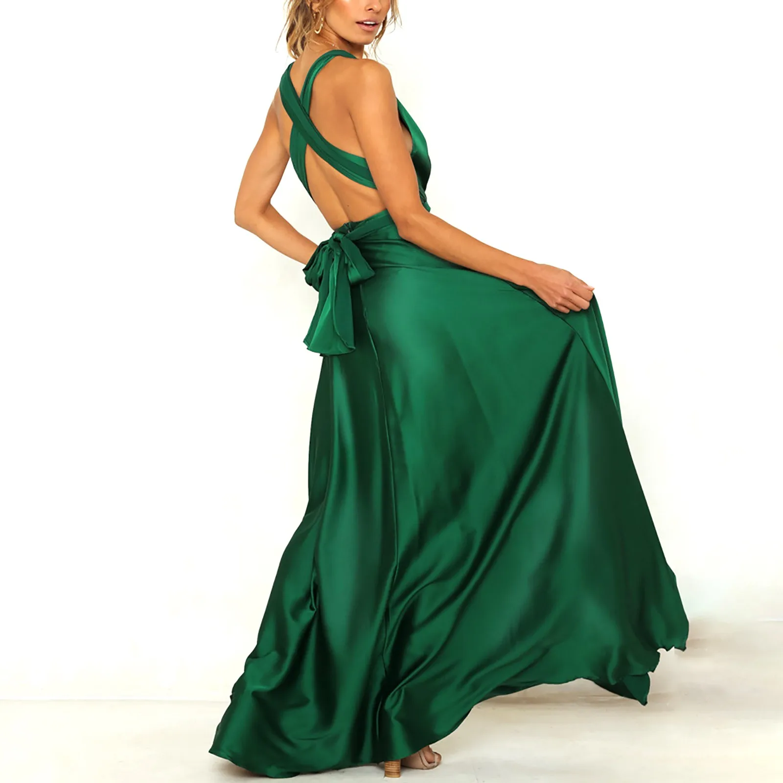 Fashion Elegant Green Satin Evening Prom Dress for Women Sexy Criss-cross Backless Bowknot Lace Up Casual Swing Maxi Dresses