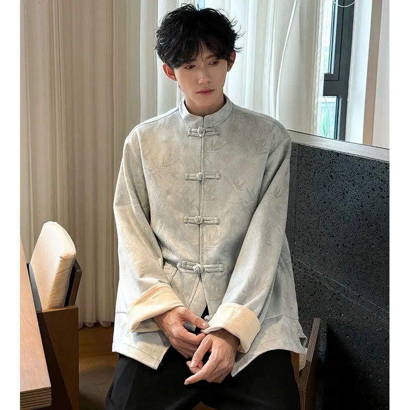 

New Chinese Sle Bamboo Le Print Stand Collar Zen Suit Jaet Men's Autumn Faion Hanfu Embroidered Coats Loose Fit Outer...