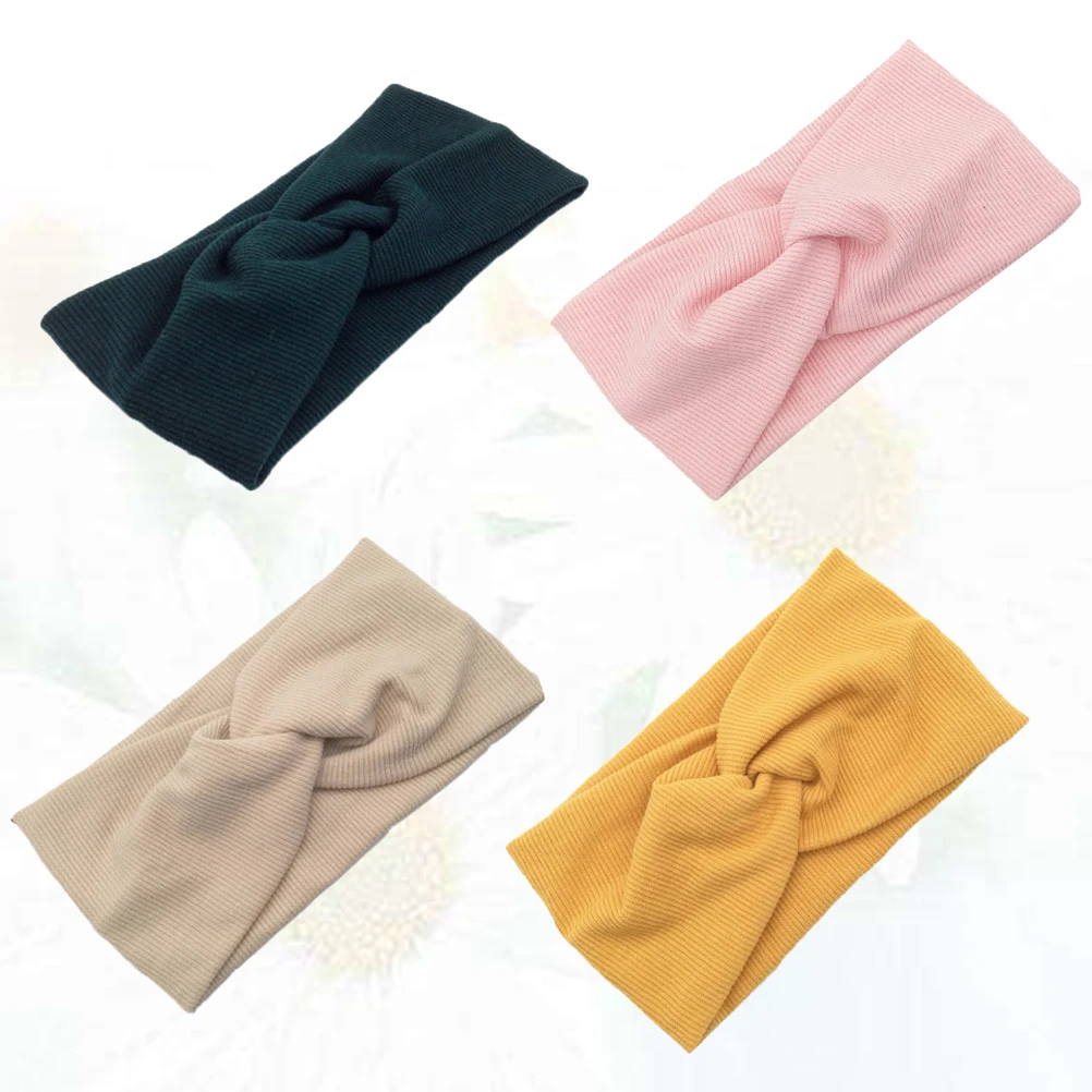 

4pcs Cotton Knot Head Wrap For Women Yoga Hair Accessories Cross Elastic Set Blackish Beige Pink Color (Hair Wrap
