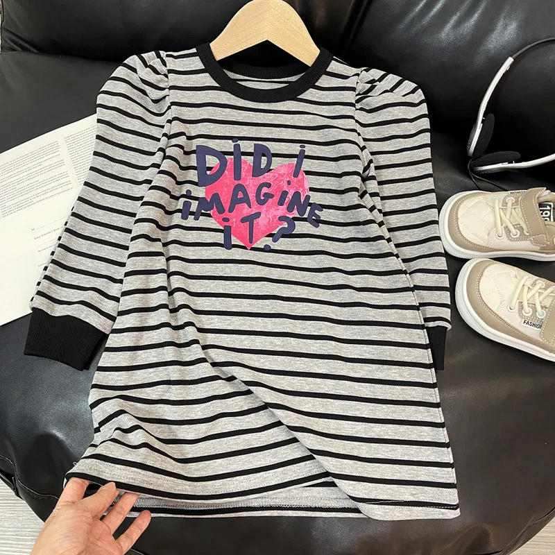 

2024Spring New Letters Heart Printing GirlsTT-shirt Skirt Long Sleeve Children's Stretch Striped Dress