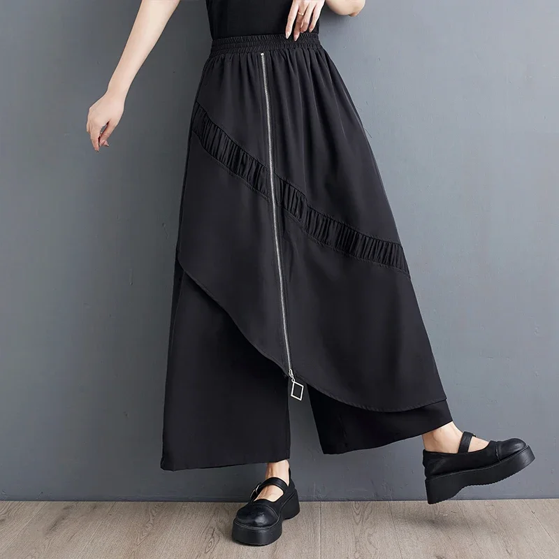 

Solid Gothic High Waist Zipper Splicing Wide Leg Pants Asymmetrical Female Jogger Trouser Elastic Waist Plus Size Capris