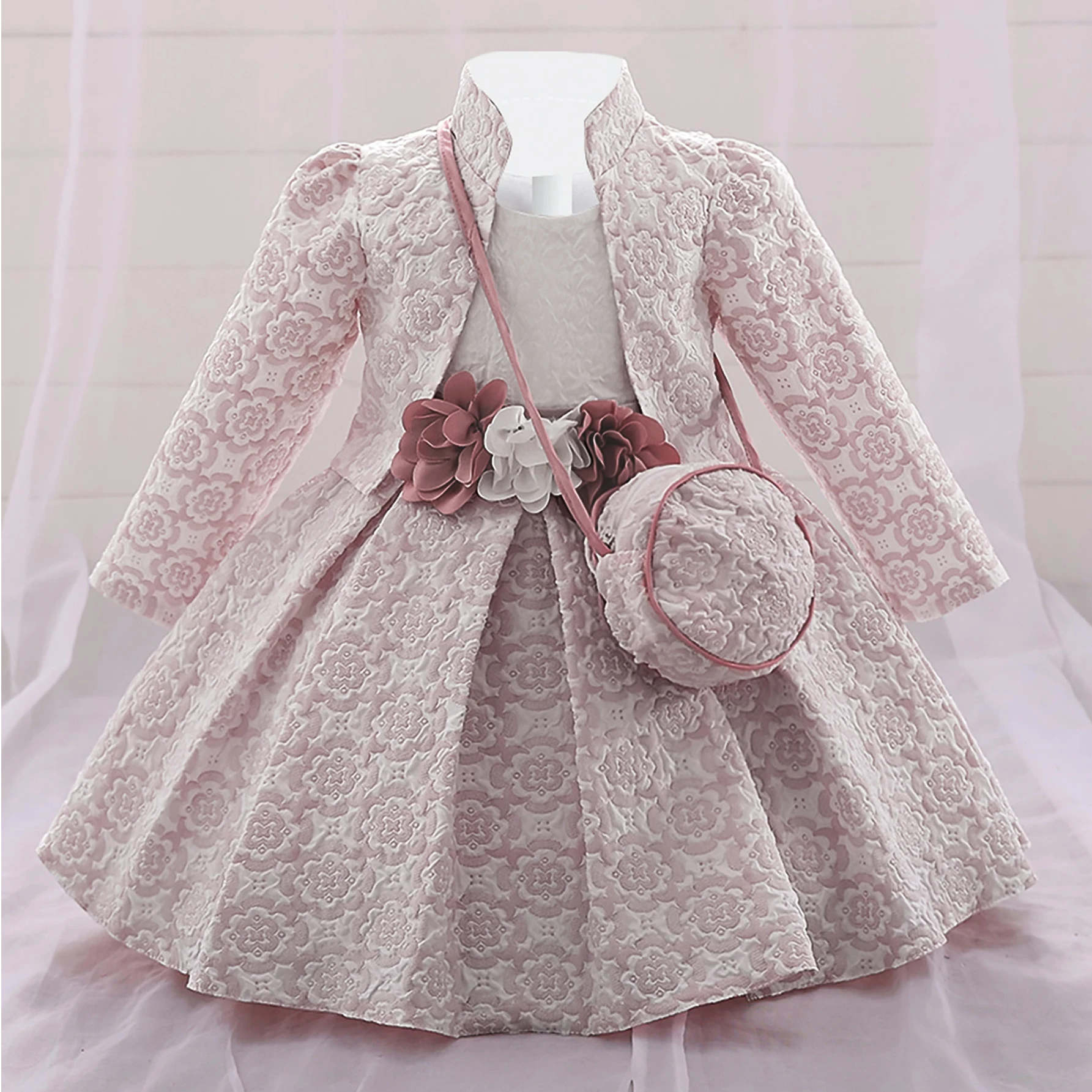 3pcs Flower Baby Girl Dress Infant Pink 1st Birthday Wedding Dress Bridemaid Gown Toddler Girls Bow Baptism Prom Dresses Vestido