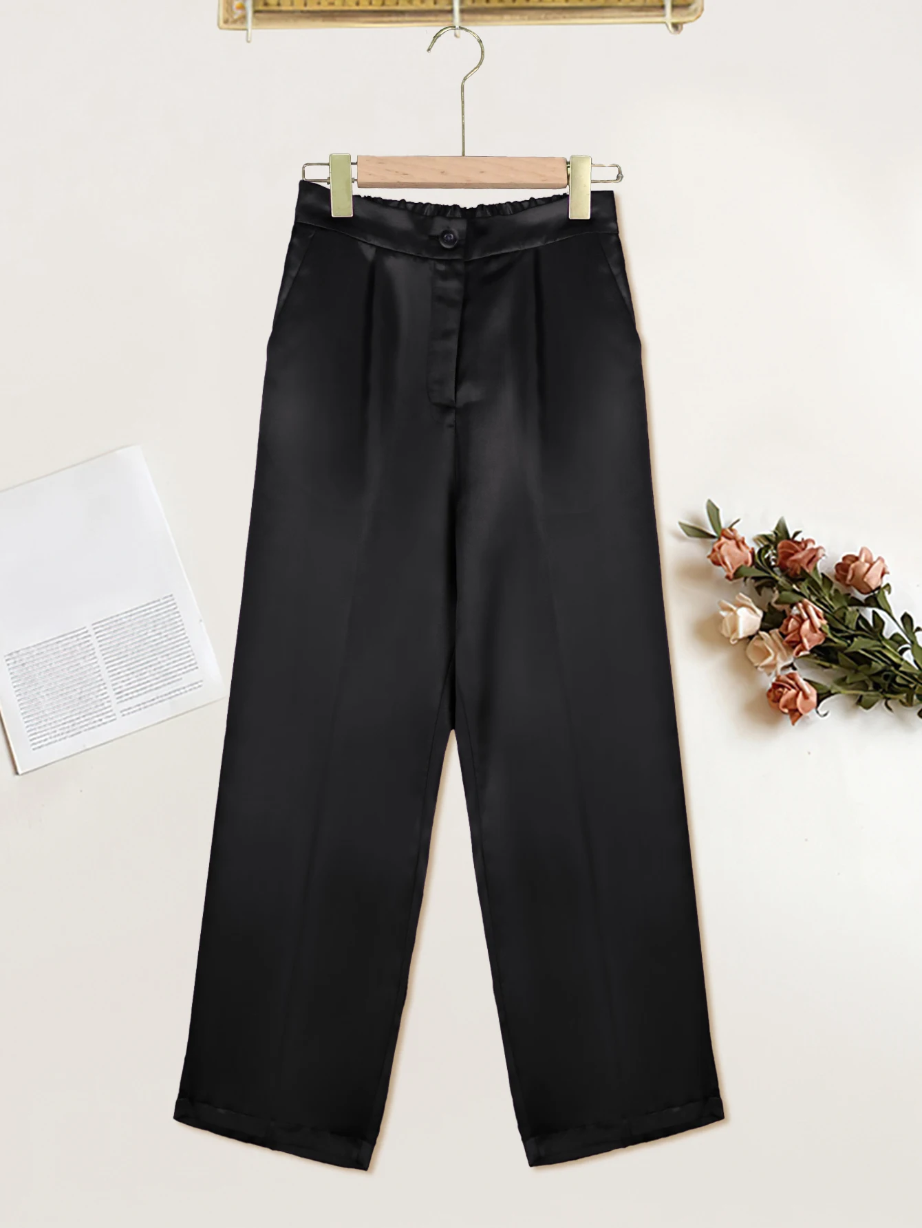 Black Pants for Women High Elastic Waist Office Lady Work Calf Length Casual Pencil Capris with Pockets Summer Shiny Trousers