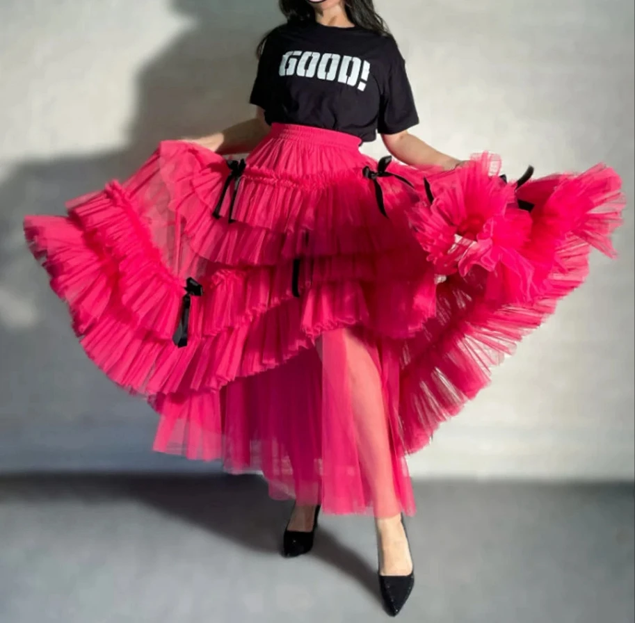 Fashion Rose Red Women Pleated Tutu Tulle Skirt Elastic Waist Women's A-line Skirt High Waist Ruffled Tiered Tulle Party Skirts