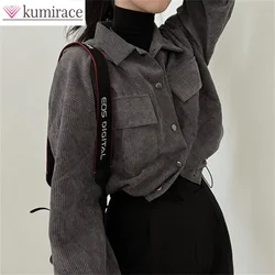 Retro Minimalist Lapel Short Drawstring Long Sleeved Shirt Top Corduroy Loose Jacket Women's Jacket