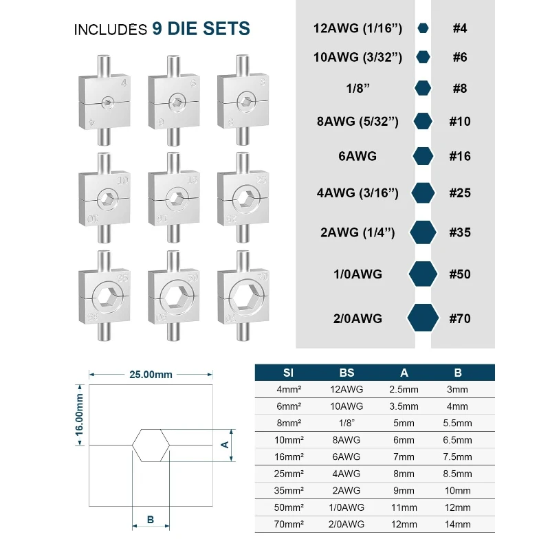 Kit de herramientas de engarzado hidráulico manual con 9 troqueles, engarzadora de terminales de cable hidráulico, 8 US TON 12 AWG a 00 (2/0)