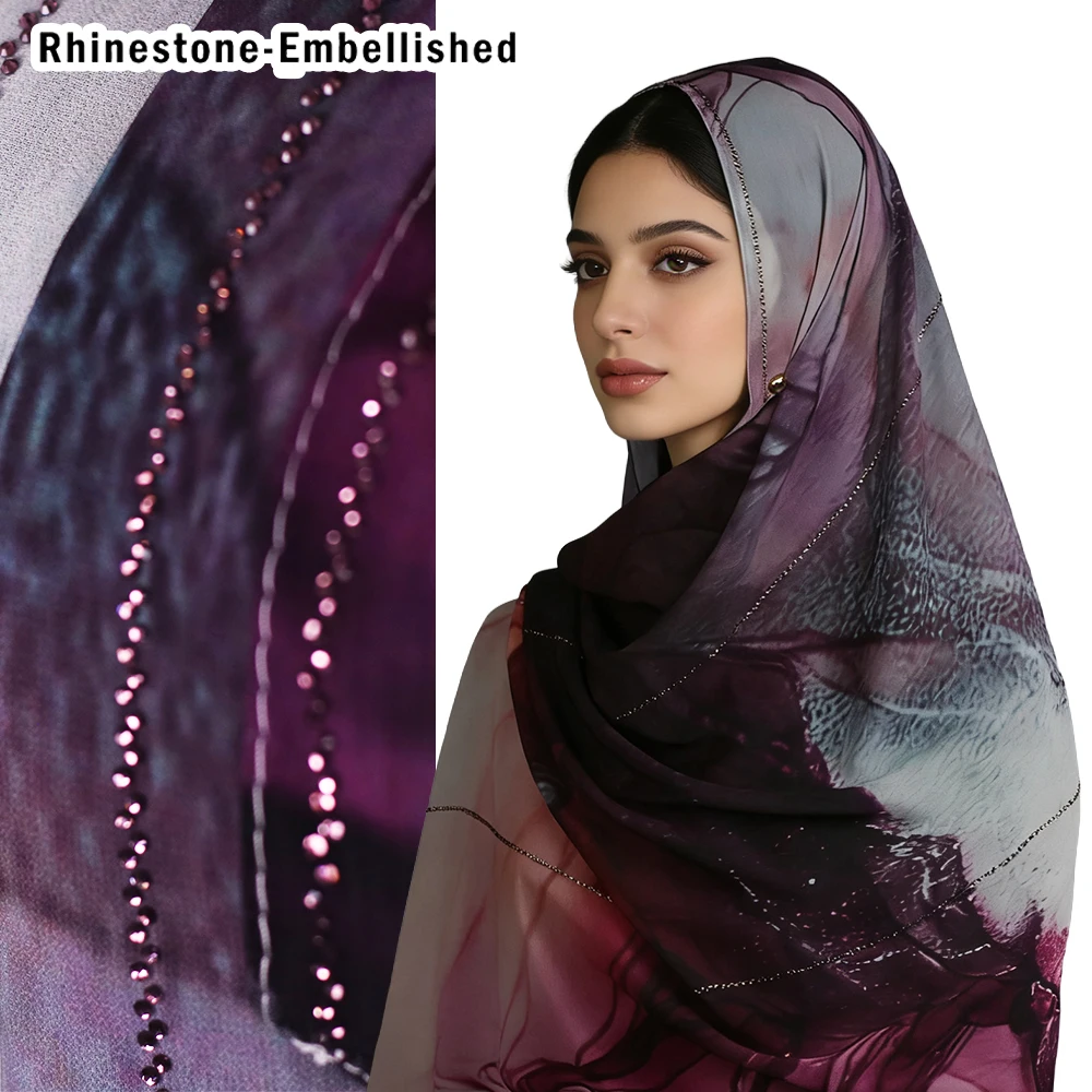 

Элегантный драпированный арабский шифоновый платок, мягкий на ощупь цветочный принт со сверкающими украшениями из стразов2619