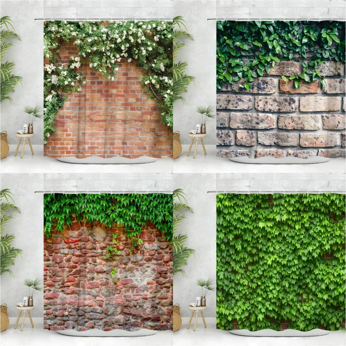 Brick Wall Shower Curtain Vintage Vines Spring Greenery Nature Scenery Leave Farm Flower Polyester Fabric Bathroom Decor Curtain