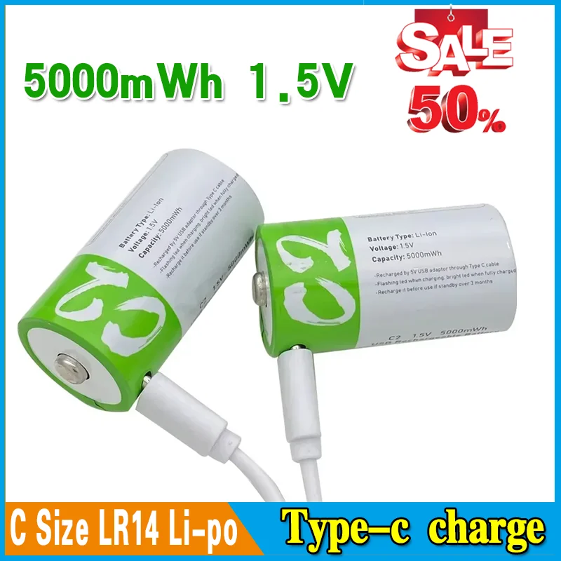

1.5V 5000mWh C Size LR14 Li-po Rechargeable Battery Type-C Ultra-Fast Charging for Flashlight Gas Cooker Electronic Piano Radios