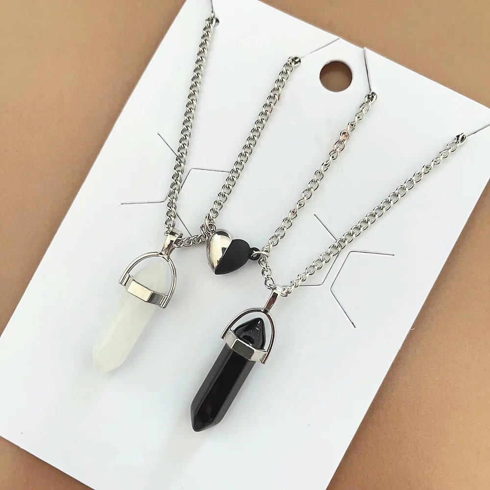 

Natural Stone Crystal Quartz Couple Necklace European American Hexagonal Column Magnetic Pendant Men And Women Couple Necklace