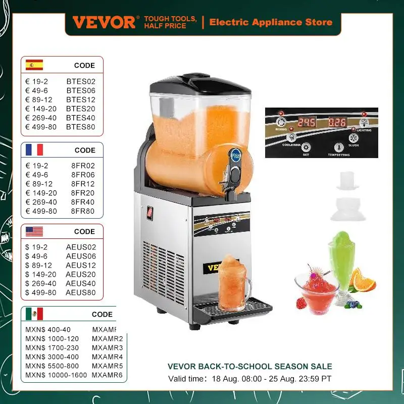 VEVOR 15L Singel Tank Slush Ice Machine Ice Cream Snow Smoothie Beverage Granita Maker Stainless Steel for Business Commercial