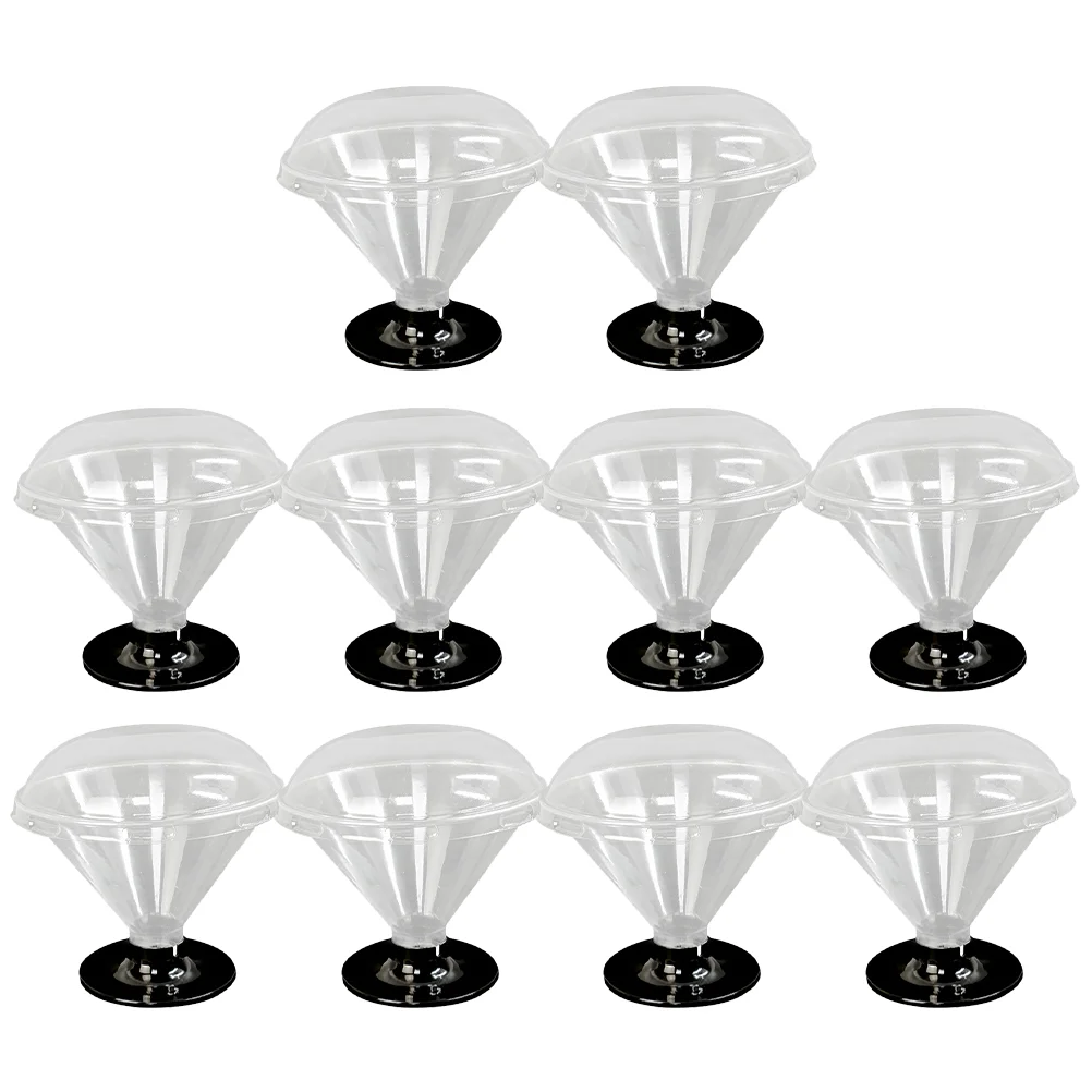 

10pcs Dessert Cups Transparent Footed Cone Shape Wide Mouth Black Base Arch Lid Safe Plastic Reusable Party Cups