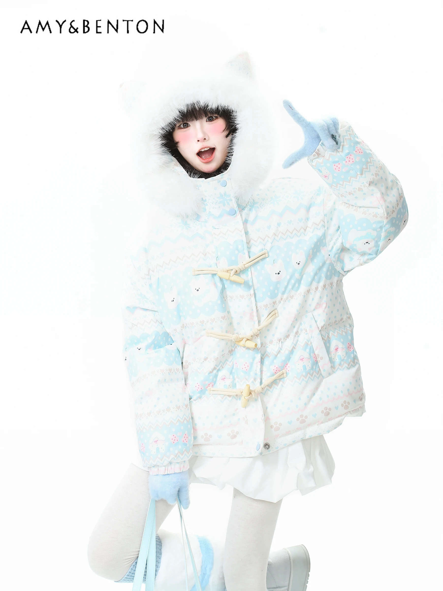 

2025 Winter New Women's Sweet Blue Cute Cartoon Print Plush Ear Hooded Cotton Jacket White Versatile Short Skirt
