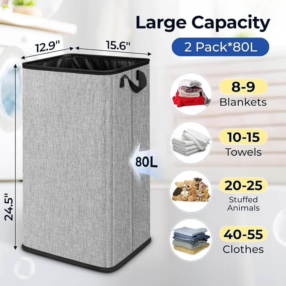 Large Laundry Hamper, 80 L Collapsible Laundry Baskets, 2 Pack Tall Laundry Basket with Sturdy Handles for Easy Carrying, Dirtyr