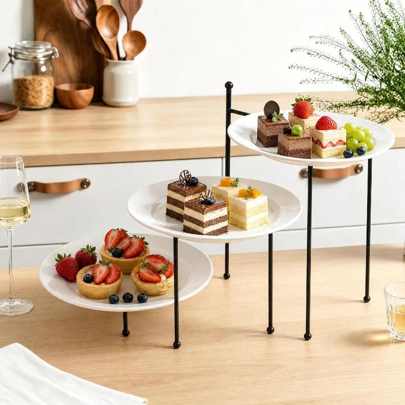 3 Tier Pizza Stand with Ceramic Plates and Spatulas, Black Metal Tiered Serving Tray for Party, 10.2
