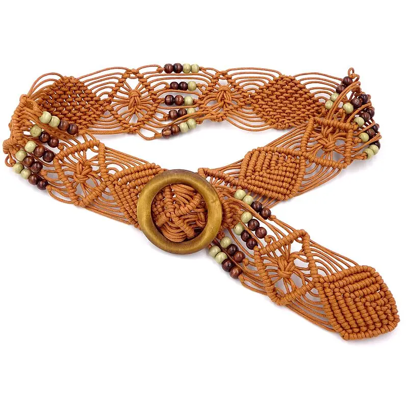 

Female Bohemian Wax Rope Woven Wide Belt, Dress Down Waist Seal Decorative Ethnic Style Waist Chain Round Buckle
