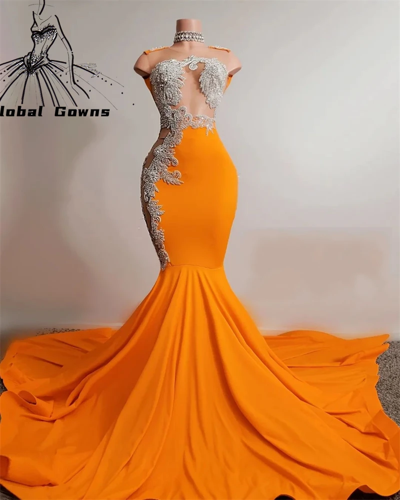 Vestido De fiesta largo con cuello redondo para niñas negras, traje De fiesta De cumpleaños con apliques De cuentas y Sirena, color naranja