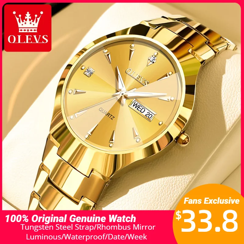 OLEVS Original Quartz Watch for Men Rhombus Mirror Tungsten Steel Strap  Luminous Waterproof Wristwatch Male Date Men\'s Watches