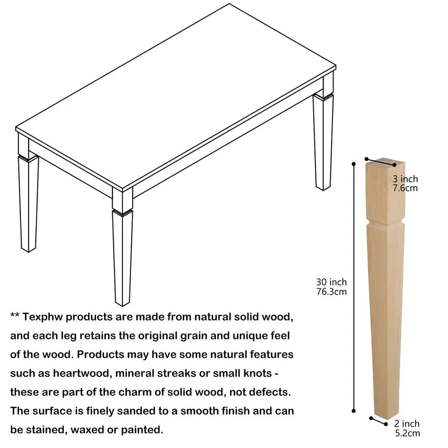 Factory Direct 2026 Inch Square Unfinished Oak Furniture Legs Heavy Duty Mid Century Tall Wooden Legs Set of 4 for Tables, Bench
