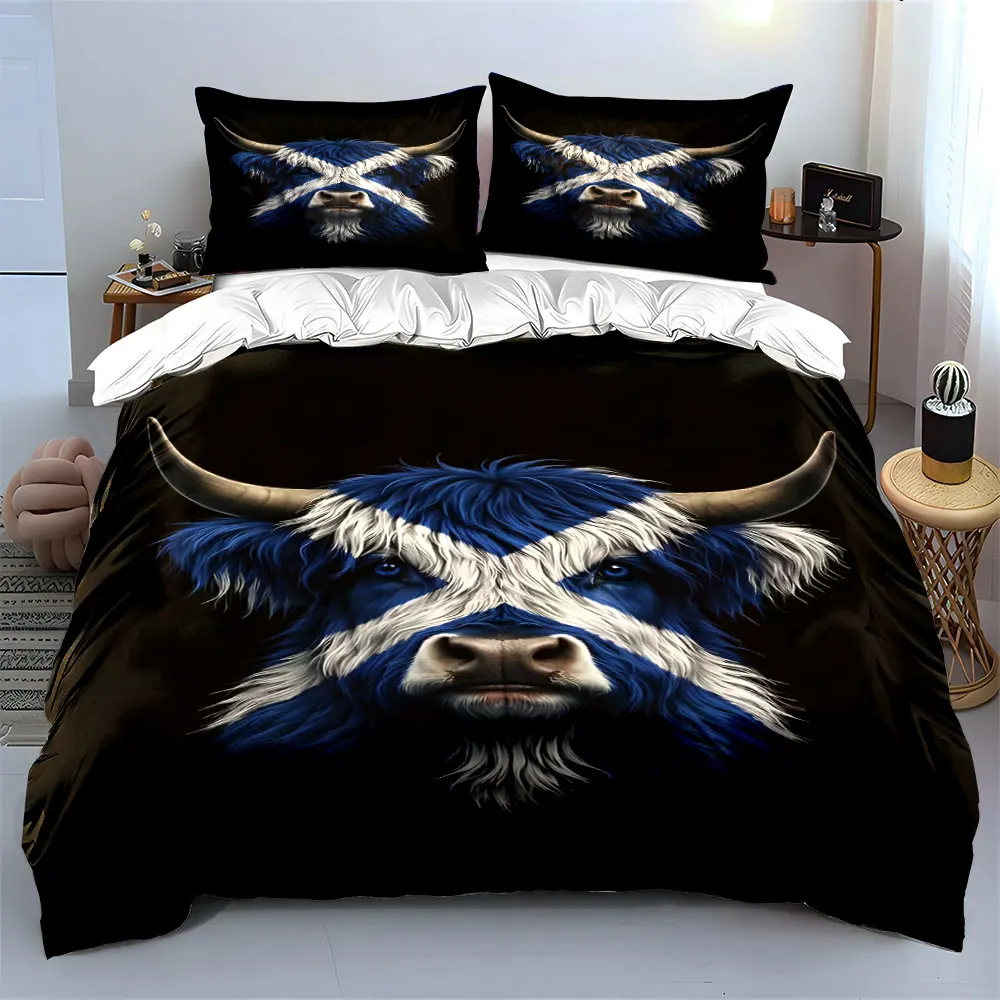 Artistic depiction of a bull with Scottish flag Print Bedding set 3PC 1 duvet cover 2 pillowcases adult children bedding set