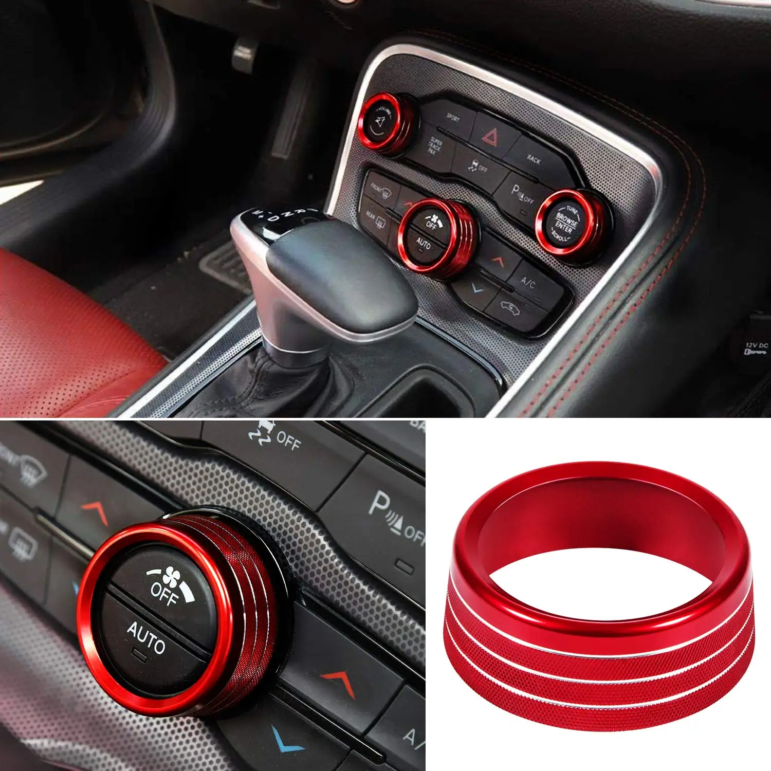 تكييف الهواء حجم راديو زر غطاء المقبض لملحقات شاحن تشالنجر 2015-2020 حلقات دائرة حمراء فضية أرجوانية