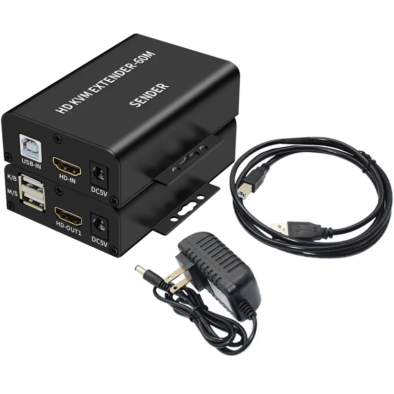 Przedłużacz HDMI KVM 60M przez kabel Ethernet Cat6 Nadajnik i odbiornik audio-wideo Obsługa klawiatury USB Mysz Jeden zasilacz — zdjęcie produktu 2
