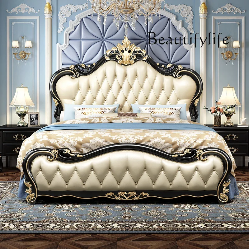 Cama de Casal Europeia Y45 em Madeira Maciça, Cama de Casamento Princesa de Alta Qualidade, Cama de Designer Moderna para Quarto, Cama Castelo Queen, Mobiliário de Hotel