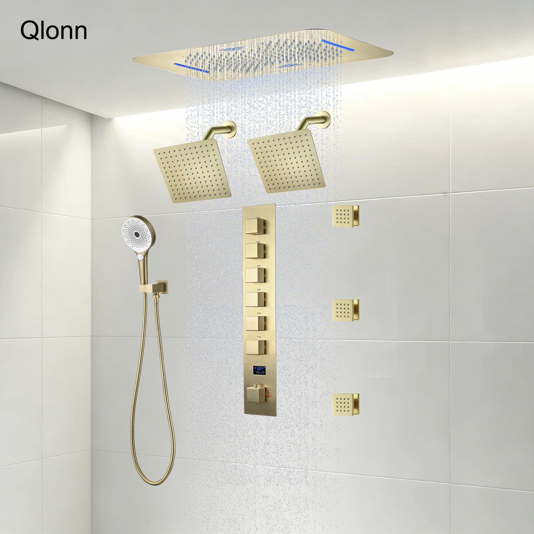 Brushed Gold Thermostatic Brass Shower System Digital Display Ceiling Embedded Rainfall Bathroom Shower Set Body Jet Shower