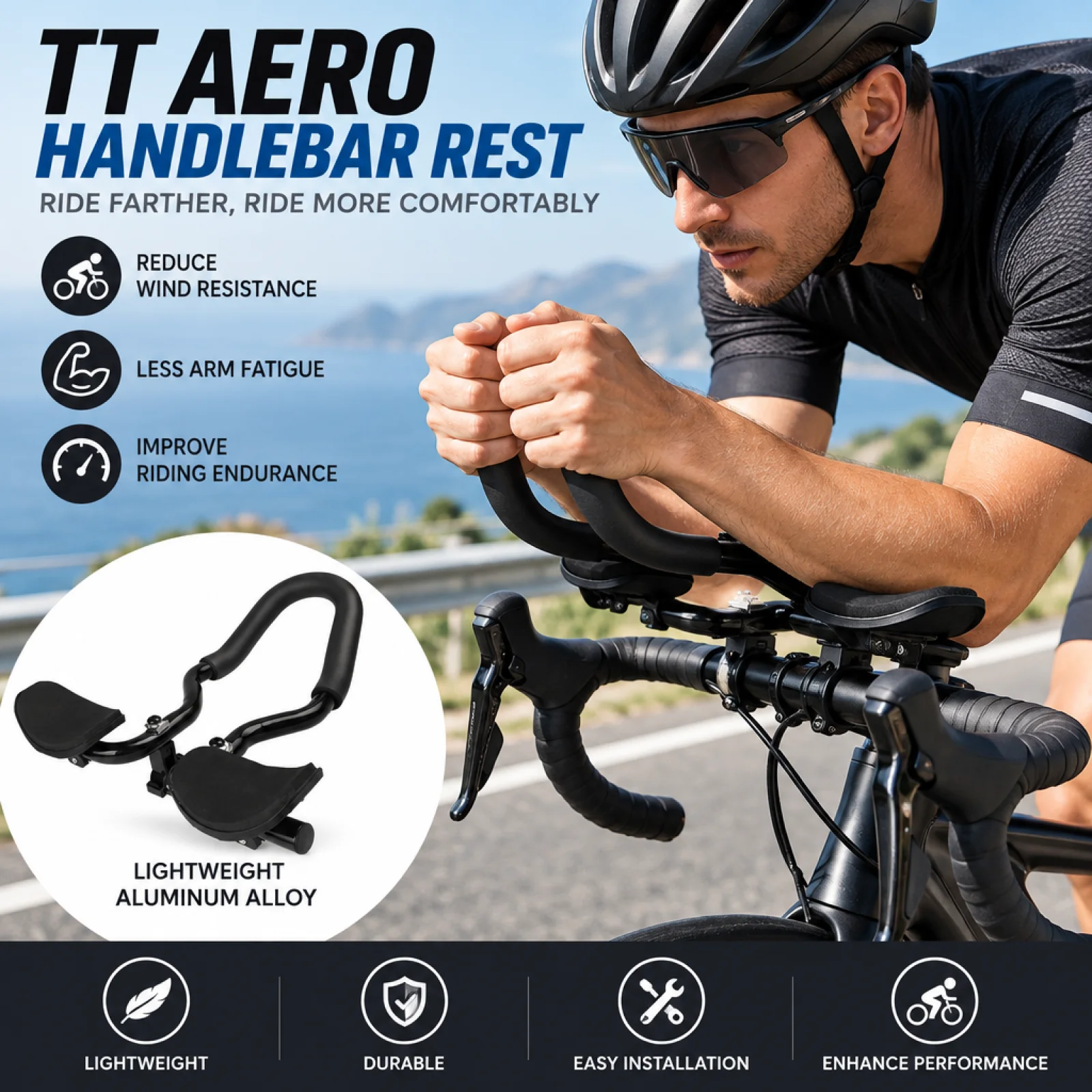Cycle Rest Handlebar Aluminum Alloy TT Handlebars with Arm Rests Padded TT Handlebar with Arm Pads for Cyclists, Long Distance R