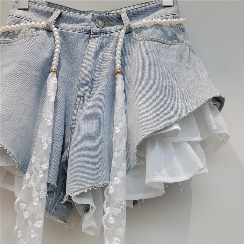 Short Pant Women Splice Belt A Line Jeans Loose Mid Waist Straight Trousers Y2k Streetwear Work Beach Denim Lace 2026 view 6
